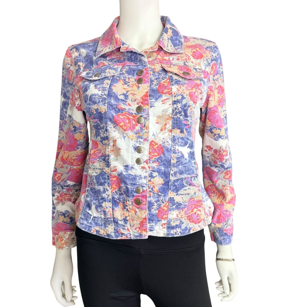 Live a Little Jacket Floral Denim Button Down Long Sleeve with Pockets Womens PM